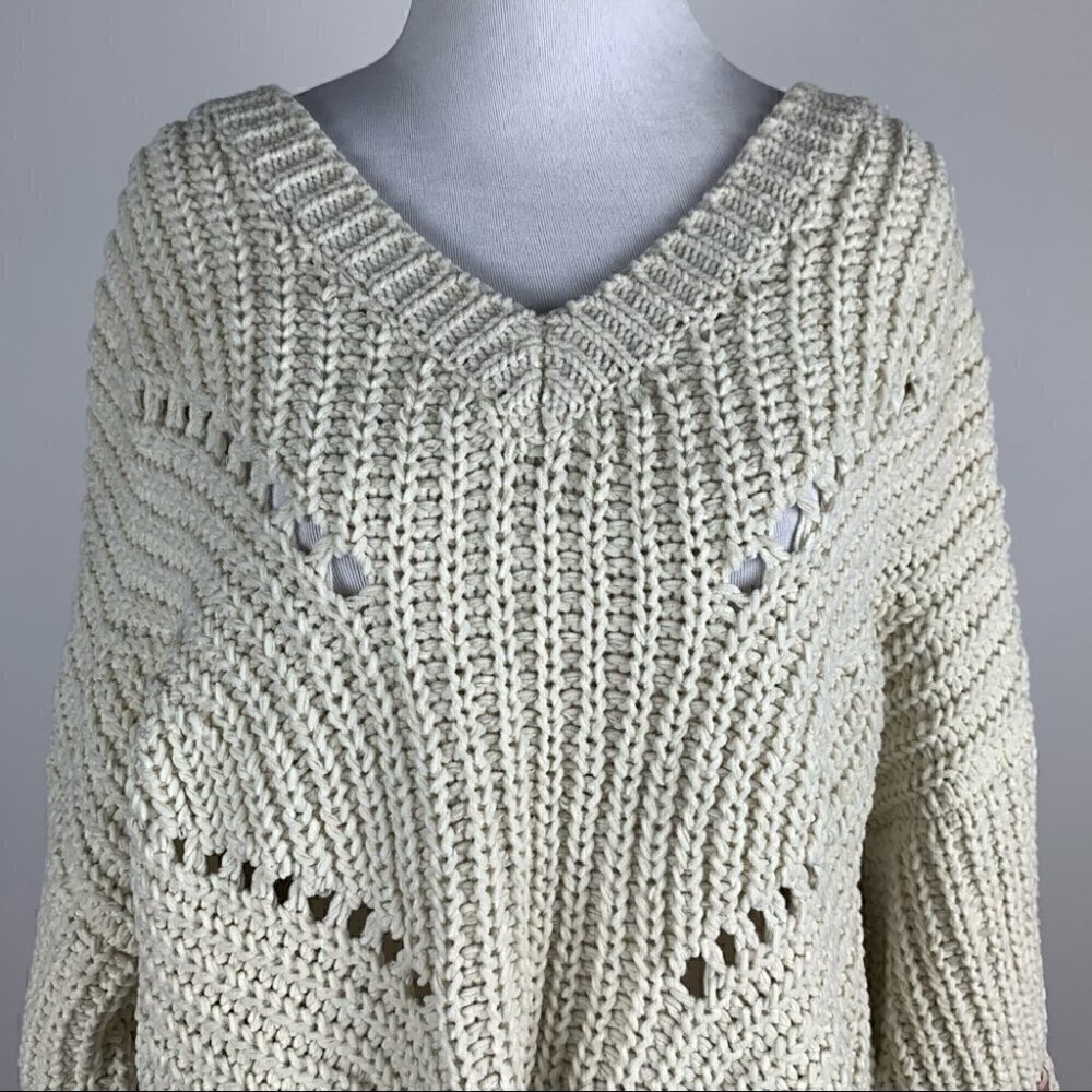 POL Womens sweater size L cream pink open knit chunky v-beck - Picture 2 of 12